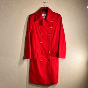 Red pea coat by Isaac Mizrahi